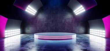 Sci Fi Modern futuristik Neon mor parlak mavi canlı renklerle boş daire sahne Hall ile büyük beyaz ışık Studio Grunge yansıtıcı beton karanlık oda 3d render illüstrasyon