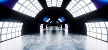 Sci Fi fütüristik Modern karanlık tünel koridor Neon eğri Studio sahne beyaz ile mavi parlak ışıklar üzerinde Grunge yansıtıcı beton boş alanı siyah 3d render illüstrasyon