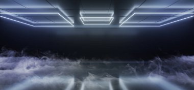 Uzaylı Sci Fi Modern futuristik boş yansıtıcı Metal ile karanlık odada Neon lazer liderliğindeki parlayan beyaz mavi mor çizgiler ve duman sis atmosfer 3d render illüstrasyon