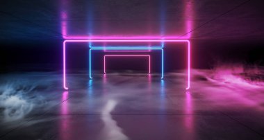 Parlayan gerçekçi Sci Fi zarif Neon lazer mor mavi çizgiler tünel koridor karanlık yansıtıcı Grunge beton Oda boş alanı siste ve 3d render duman illüstrasyon