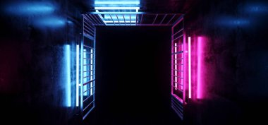 Sci Fi futuristik yabancı canlı Neon mor ve mavi tüp parlayan ışıklar Metal Dikdörtgen yapıları karanlık boş Grunge beton tünel koridorda 3d render illüstrasyon