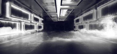 Alien Sci Fi Futuristic Modern Gallery Empty Grunge Concrete White Glowing Room With Fog And Smoke With Rectangular Shapes Dark Background 3D Rendering Illustration