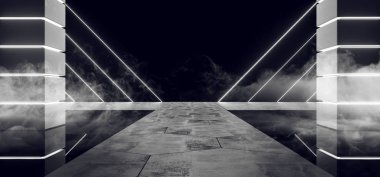 White Neon Glowing Led Tube Lights Smoke Fog Sci Fi Futuristic Dark Empty Grunge Concrete Ceiling Floor Reflective Room With Tiles Alien Background 3D Rendering  Illustration