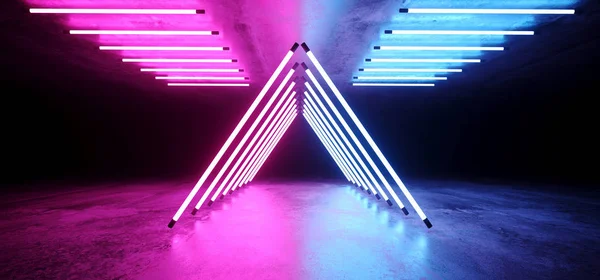 Modern Futuristic Neon Glowing Triangle Shaped Purple Blue Ultraviolet Disco Tube Light Tubes Retro Style On Grunge Reflective Concrete Empty Dark 3D Rendering Illustration