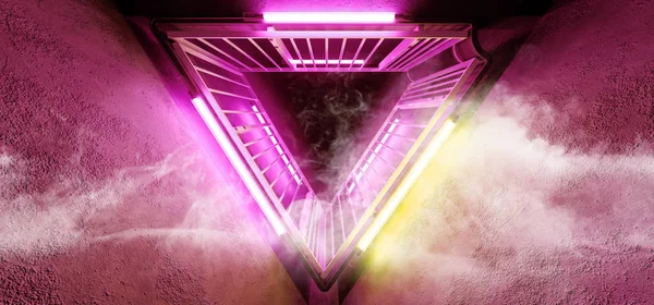 Sci Fi Neon Glowing Dance Lights Triangle Shaped Metal Construction Structure In Dark Smoke Fog Grunge Concrete Tunnel Corridor Empty Space Purple Orange Glowing  3D Rendering Illustration
