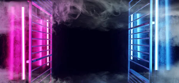 Sci Fi Neon Glowing Dance Lights Vertical Metal Construction Structure In Dark Smoke Fog Grunge Concrete Tunnel Corridor Empty Space Purple Blue Ultraviolet Entrance 3D Rendering Illustration
