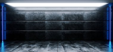 Sci Fi Modern Canlı Boş Yüksek Kontrastlı Grunge Beton Gerçekçi Oda Big Studio Işıklar Showroom Sahne Ve Neon Parlayan Led Lazer Mavi Işık Dikey Hatları 3d Rendering İllüstrasyon