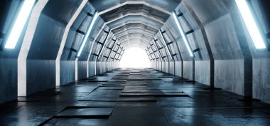 Sci Fi Oval Arc Şekilli Alien Boş Uzun Grunge Beton Karo Yansıtıcı Zemin Koridortünel Salonu Mavi Işıklar Fütüristik Parlak 3d Rendering illüstrasyon ile