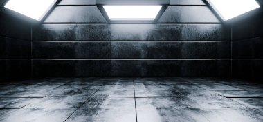 Sci Fi Modern Vibrant Empty High Contrast Grunge Concrete Realistic Room With Big Studio Lights Showroom Stage Background 3D Rendering Illustration