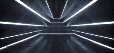 Sci Fi uzaylı gemisi ışık elimden alındı liderliğindeki lazer ışıkları parlayan beyaz Grunge beton boş karanlık tünel koridor uzay yansımaları şeklinde üçgeninde 3d render illüstrasyon