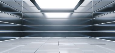 Sci Fi uzaylı Salonu Oda yansıtıcı malzeme döşeli zemin çizgili lazer mavi parlak ışıklar boş alanı sahne Showroom parlak canlı 3d render illüstrasyon yol açtı.