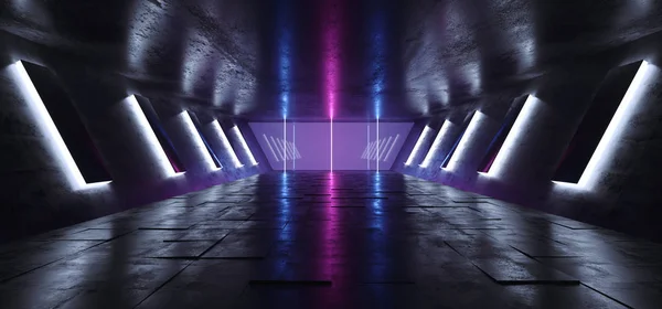 Futuristic Sci Fi Alien Ship Modern Dark Empty Reflective Grunge Concrete Tunel Corridor With Big Hall Wall Lights And Neon Blue Purple Glowing Lines 3D Rendering Illustration