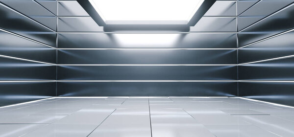 Sci-Fi Зал инопланетян Рефлексирует Плиточный пол Полосатый Лазер Синий Глянящий Огни Пустое пространство Салон Яркий 3D Рендеринг
