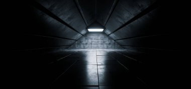 Fütüristik Sci Fi karanlık boş şık Grunge tünel koridor boş alanı sahne Showroom koyu arka plan şeklinde yansıtıcı beton üçgen döşeli kat 3d render illüstrasyon