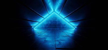 Karanlık Sci Fi Modern futuristik yabancı Neon parlayan üçgen şeklinde derin mavi canlı tüp ışık Grunge beton yansıtıcı çizgili tünel koridorda 3d render illüstrasyon