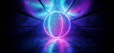 Sci Fi fütüristik Modern zarif üçgen şekilli Grunge yansıtıcı beton tünel mor mavi daire canlı dans parlak Neon ışıkları Retro karanlık 3d çizim oluşturma