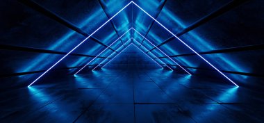 Üçgen şekilli Neon parlayan Sci Fi fütüristik Modern uzaylı uzay gemisi karanlık boş koridor tünel derin mavi canlı ışık yansıtıcı Grunge ile beton 3d render illüstrasyon