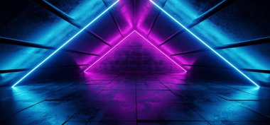 Sci Fi fütüristik Modern zarif üçgen şekilli Grunge yansıtıcı beton tünel mor mavi canlı dans parlak Neon ışıkları Retro karanlık 3d çizim oluşturma