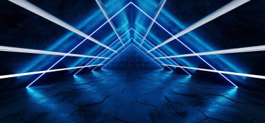 Üçgen şekilli Neon parlayan Sci Fi fütüristik Modern uzaylı uzay gemisi karanlık boş koridor tünel derin mavi canlı ışık yansıtıcı Grunge ile beton 3d render illüstrasyon