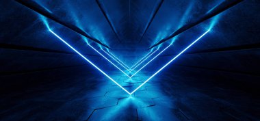 Sci Fi fütüristik Modern zarif üçgen şekilli Grunge yansıtıcı beton tünel mavi canlı dans parlak Neon ışıkları Retro karanlık 3d çizim oluşturma