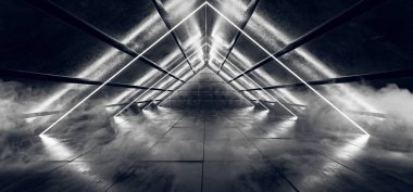 Duman sisli üçgen şeklinde Neon parlayan Sci Fi fütüristik Modern uzaylı uzay gemisi karanlık boş koridor tünel parlak beyaz Led lazer ışık yansıtıcı Grunge beton 3d render illüstrasyon