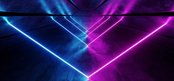 科幻未来派现代优雅的三角形反射混凝土隧道与霓虹灯发光紫色蓝色振动舞蹈灯复古黑暗的3D 渲染插图 — 图库照片