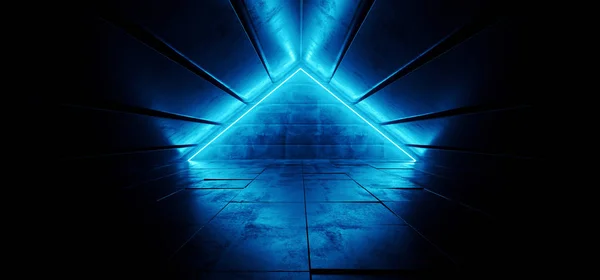 stock image Dark Sci Fi Modern Futuristic Alien Neon Glowing Triangle Shaped Deep Blue Vibrant Tube Light In Grunge Concrete Reflective Striped Tunnel Corridor 3D Rendering Illustration