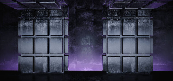 Futuristic Sci Fi Purple Glowing Grunge Concrete Block Shaped Columns In Dark Empty Room Modern Elegant Background 3D Rendering Illustration