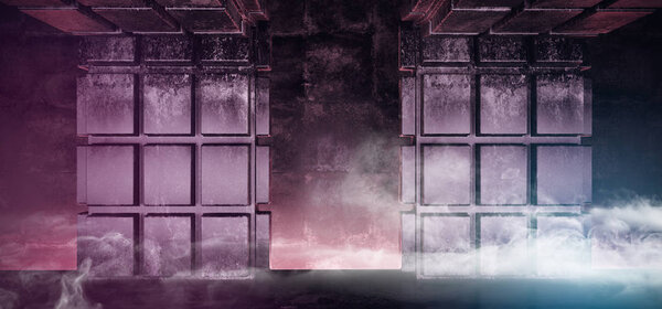Smoked Foggy Futuristic Sci Fi Purple Pink Blue Glowing Grunge Concrete Block Shaped Columns In Dark Empty Room Modern Elegant Background 3D Rendering Illustration