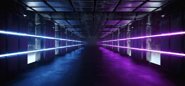 Futuristic Sci Fi Alien Ship Dark Empty Space Grunge Reflective Glossy Concrete Tunnel Corridor With Neon Glowing Laser Purple Pink Blue Lights Background 3D Rendering Illustration