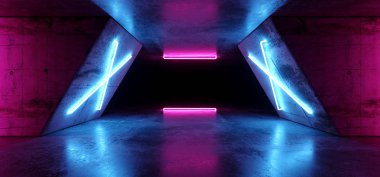 Fütüristik Sci Fi Modern gerçekçi Neon parlak mor pembe mavi Led lazer ışık tüplerde Grunge kaba beton yansıtıcı karanlık boş tünel koridor arka plan 3d render illüstrasyon