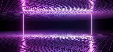 Sci Fi fütüristik sahne dans Neon parlak mor mavi pembe Reftangle kare şeklinde karanlık boş Metal yansıtıcı kafes yüzeyi tünel Oda Salon satırında 3d render illüstrasyon
