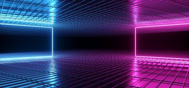 Sci Fi fütüristik sahne dans karanlık boş Metal yansıtıcı kafes yüzeyi tünel Oda Salon satırlarında şeklinde mor mavi pembe dikdörtgen çerçeve parlak Neon 3d render illüstrasyon