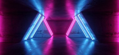 Fütüristik Sci Fi Modern gerçekçi Neon parlak mor pembe mavi Led lazer ışık tüplerde Grunge kaba beton yansıtıcı karanlık boş tünel koridor arka plan 3d render illüstrasyon