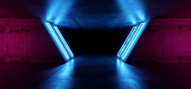 Fütüristik Sci Fi Modern gerçekçi Neon parlak mor pembe mavi Led lazer ışık tüplerde Grunge kaba beton yansıtıcı karanlık boş tünel koridor arka plan 3d render illüstrasyon