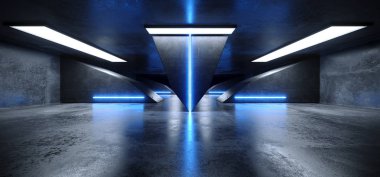 Fütüristik Modern Sci Fi gerçekçi Grunge beton yansıtıcı karanlık boş yeraltı tüneli koridor Neon parlayan mavi lazer tüp ile 3d render illüstrasyon ışıklar