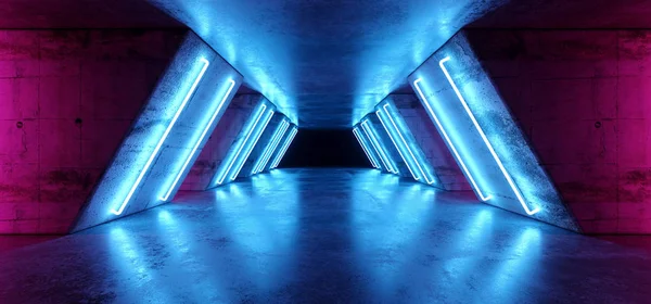 Fütüristik Sci Fi Modern gerçekçi Neon parlak mor pembe mavi Led lazer ışık tüplerde Grunge kaba beton yansıtıcı karanlık boş tünel koridor arka plan 3d render illüstrasyon