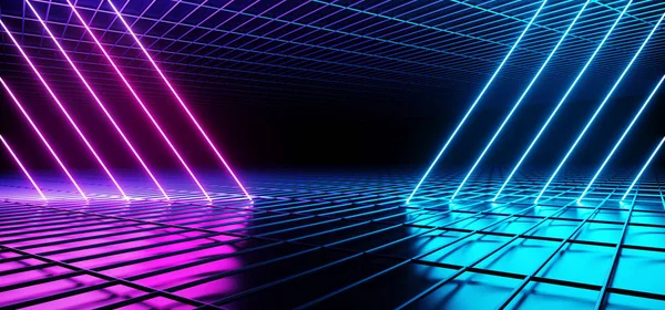 Sci Fi Futuristic Stage Dance Neon Glowing Purple Blue Pink  Triangle Shaped Tilted Lines In Dark Empty Metal Reflective Mesh Surface Tunnel Room Hall 3D Rendering Illustration