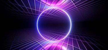 Fütüristik Sci Fi karanlık kulüp dans daire şeklinde Neon ışıkları parlayan mavi mor pembe degrade boş yansıtıcı Kafes Izgara Metal zarif Modern Oda 3d render illüstrasyon