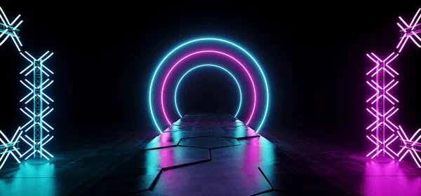 Futuristic Modern Sci Fi Club Dance Stage Construction Neon Glowing Circle Shaped Purple Pink Blue Laser Stage Lights On Dark Grunge Concrete Hexagonal Tiles Floor 3D Rendering Illustration