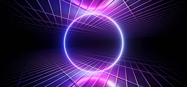 Futuristic Sci Fi Dark Club Dance Circle Shaped Neon Lights Glowing Blue Purple Pink Gradient In Empty Reflective Mesh Grid Metal Elegant Modern Room 3D Rendering Illustration