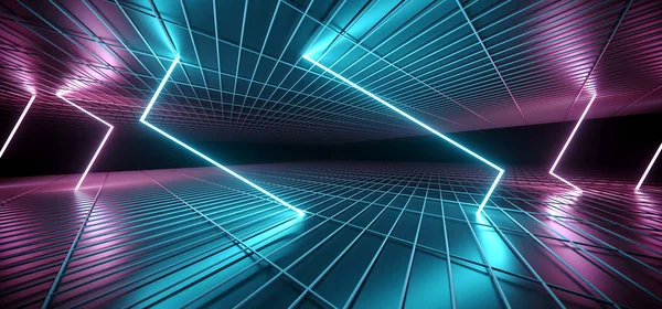 Futuristic Sci Fi Dark Club Dance Rectangle Shaped Neon Lights Glowing Blue Purple Pink Gradient In Empty Reflective Mesh Grid Metal Elegant Modern Room 3D Rendering Illustration