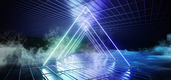 Καπνίζουν Ομίχλης Φουτουριστικό Sci Σκοτεινή Λέσχη Χορού Τρίγωνο Σχήμα Φώτα — Φωτογραφία Αρχείου