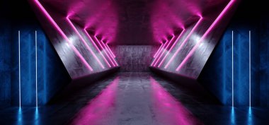 Neon lazer parlayan Cyber Sci Fi fütüristik Modern Retro Merhaba Tech dans kulübü mor pembe mavi ışıklar karanlık Grunge yansıtıcı beton tünel koridor Hall odasında boş 3d render illüstrasyon
