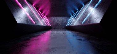 Neon lazer parlayan Cyber Sci Fi fütüristik Modern Retro Merhaba Tech dans kulübü mor pembe mavi ışıklar karanlık Grunge yansıtıcı beton tünel koridor Hall odasında boş 3d render illüstrasyon