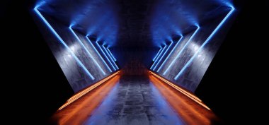 Neon lazer parlayan Cyber Sci Fi fütüristik Modern Retro Merhaba Tech dans kulübü turuncu sarı mavi ışık karanlık Grunge yansıtıcı beton tünel koridor Hall odasında boş 3d render illüstrasyon
