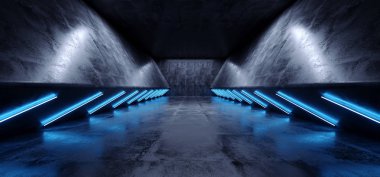 Neon lazer parlayan Cyber Sci Fi fütüristik Modern Retro Merhaba Tech Dance Club mavi ışıkları karanlık Grunge yansıtıcı beton tünel koridor Hall Oda boş 3d render illüstrasyon