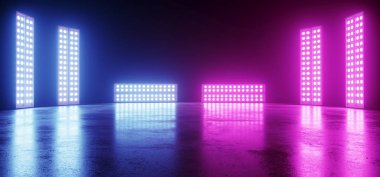 Cyber Neon parlayan Sci Fi Modern futuristik Retro büyük boş canlı mor mavi pembe parlak sahne Showroom Club dans koyu arka plan üzerinde beton 3d render illüstrasyon