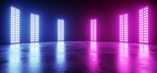 Cyber Neon parlayan Sci Fi Modern futuristik Retro büyük boş canlı mor mavi pembe parlak sahne Showroom Club dans koyu arka plan üzerinde beton 3d render illüstrasyon