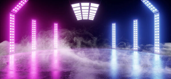 Smoke Cyber Neon Glowing Sci Fi Modern Futuristic Retro Big Empty Vibrant Purple Blue Pink Glowing Stage Showroom Dance On Dark Background Grunge Concrete 3D Rendering Illustration
